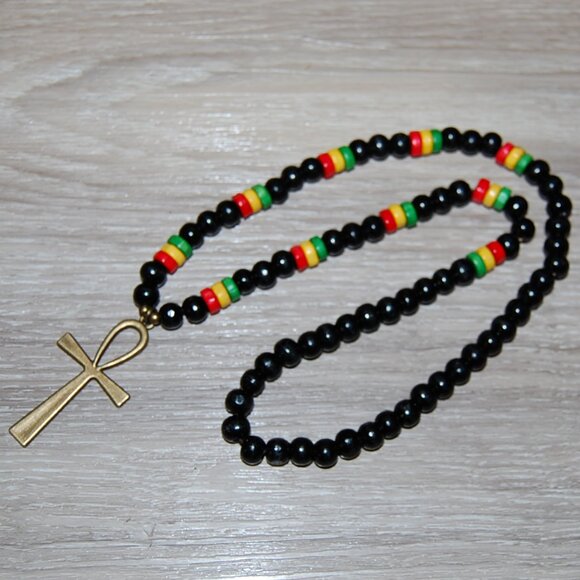 Ankh Cross Necklace,Rasta Necklace,Wood Necklace,Rasta Wooden Necklace,30 inches - Picture 2 of 3